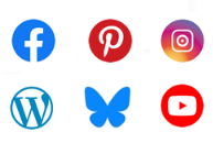 Logotipos de las redes sociales de la BUA:  Facebook, Pinterest, Instagram, WordPress, Bluesky y YouTube