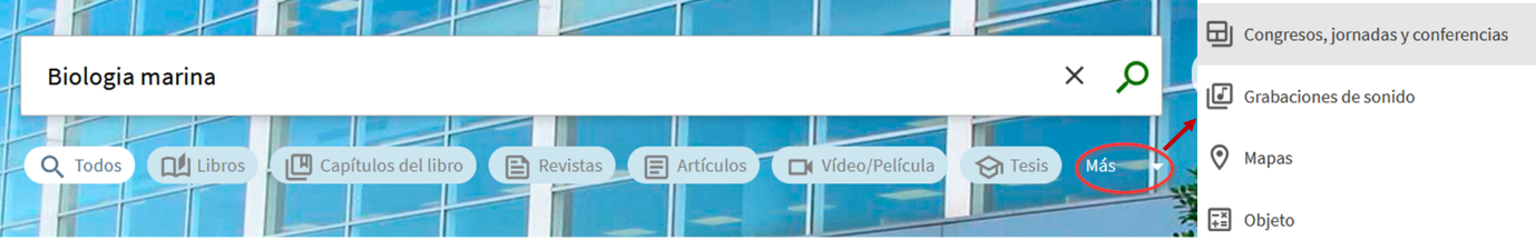 Captura del formulario de búsqueda básica del catálogo con los iconos de los diferentes tipos de documentos por los que se puede filtrar: todos, libros, capítulos de libro, revistas, artículos, vídeo/película, tesis, congresos, grabaciones de sonido, mapas y objetos