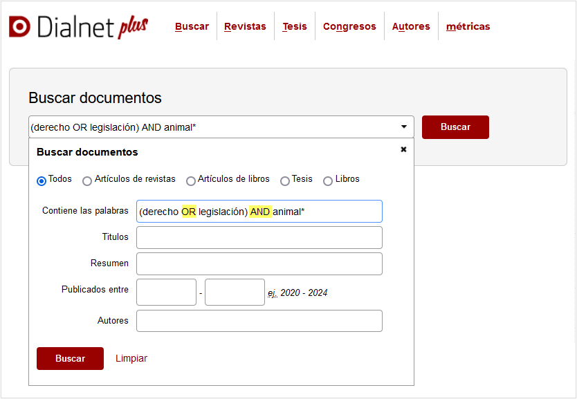 Imagen del formulario de búsqueda avanzada de Dialnet para buscar cualquier tipo de documento. Permite combinar términos (en el título, en el resumen o en contiene) con el autor y la fecha de publicación. Muestra la búsqueda (derecho OR legislacion) animal* en el campo contiene.