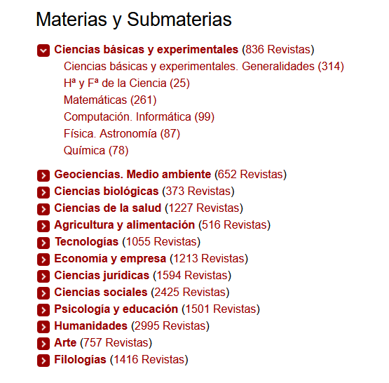 Imagen del listado de materias en las que se clasifican las revistas en Dialnet. Entre paréntesis el número de revistas de cada materia.