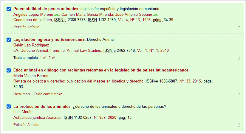 Imagen que refleja documentos seleccionados con opciones de descarga de resumen y texto completo, o únicamente con la información de la referencia bibliográfica.