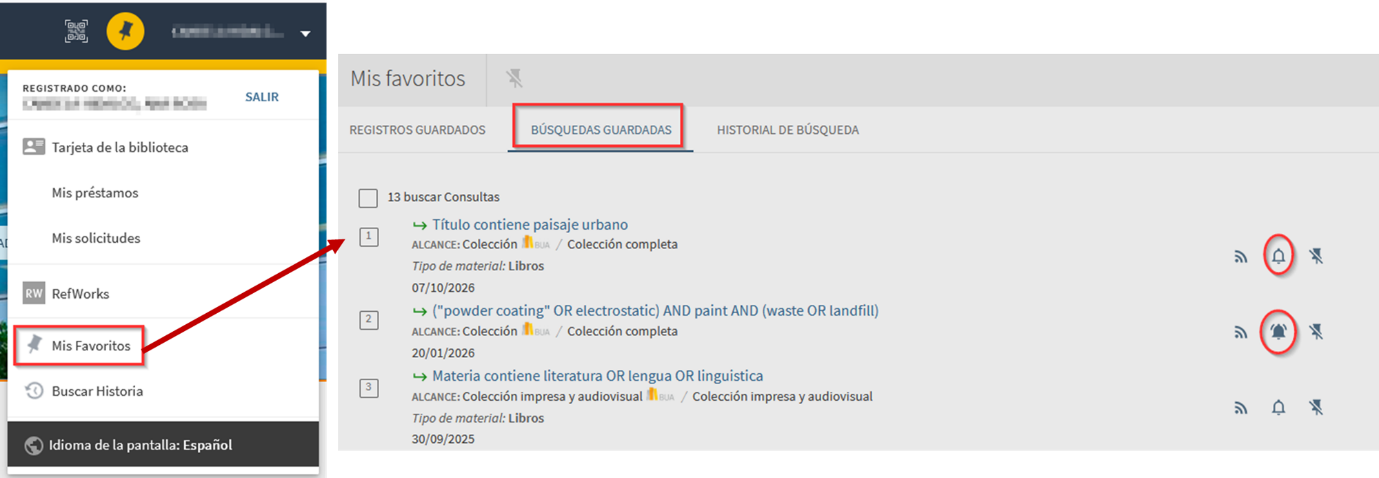 Imagen que muestra las opciones de mis favoritos en la tarjeta de la biblioteca: registros guardados, búsquedas guardadas e historial de búsquedas, reflejando ejemplos de búsquedas guardadas con alertas asociadas y sin ellas.