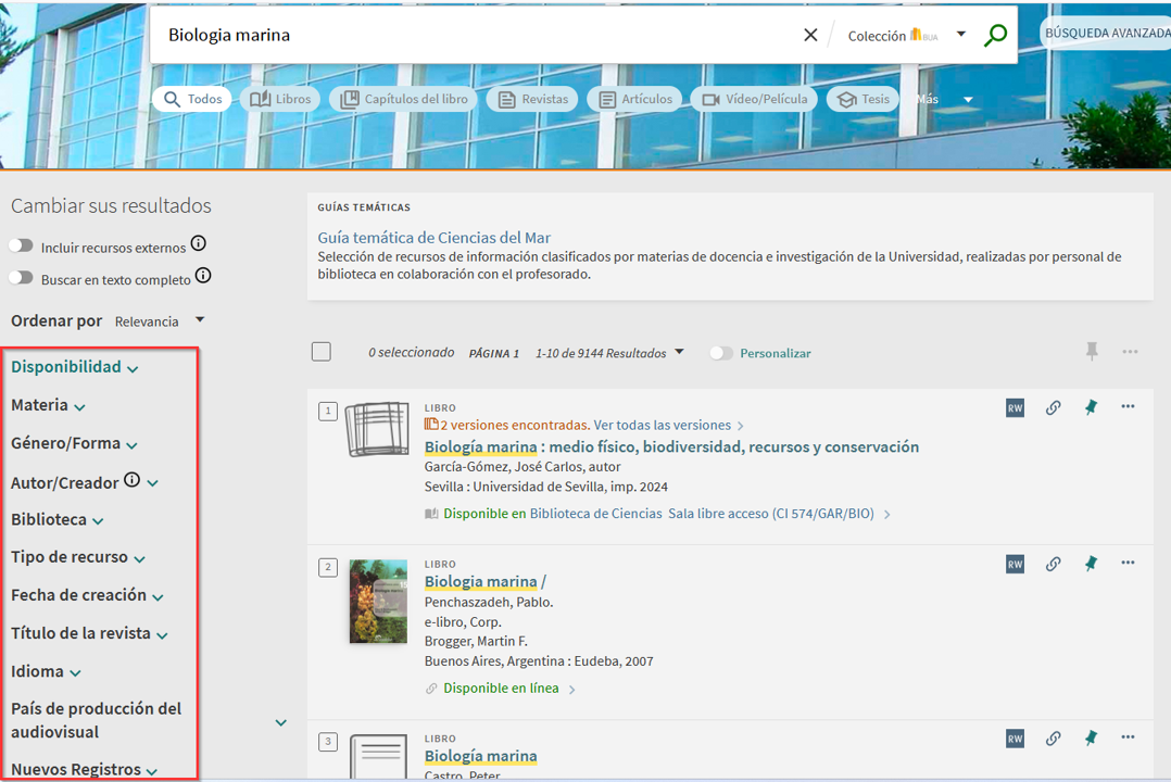 Imagen de la página de resultados de una búsqueda básica por el término biología marina en toda la colección de la BUA, destacándose las opciones de filtrado disponibles: disponibilidad, materia, autor, biblioteca, tipo de recurso, fecha, título de la revista e idioma, entre otras.