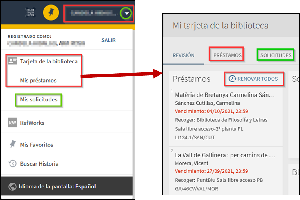 Imagen de las opciones de la cuenta de usuario en el catálogo y de la tarjeta de la biblioteca, destacando las opciones de renovación de préstamos y de reserva.