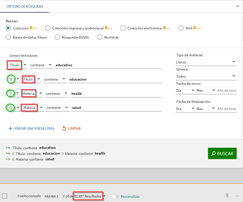 Búsqueda realizada incorrectamente en el formulario de búsqueda avanzada, combinando los términos education y educación con el operador OR en el campo título en diferentes líneas de búsqueda y los términos health y salud con el operador OR en el campo materia en diferentes líneas de búsqueda.