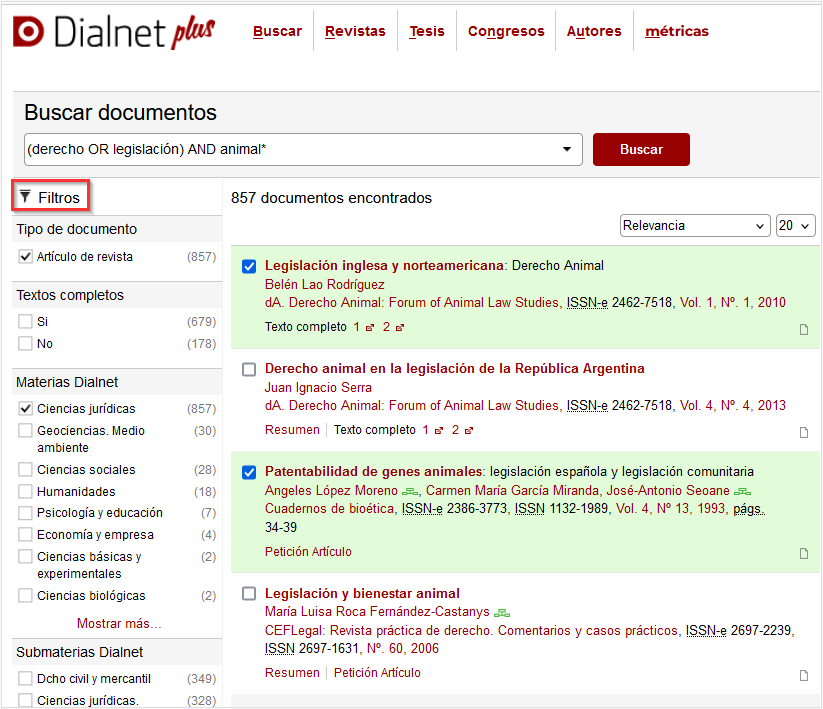 Imagen que representa los resultados obtenidos con la búsqueda anterior, en la que se han aplicado los filtros tipo de documento (por artículo de revista) y materias Dialnet (por Ciencias jurídicas). Además, refleja la selección de varios documentos al marcar la casilla correspondiente.