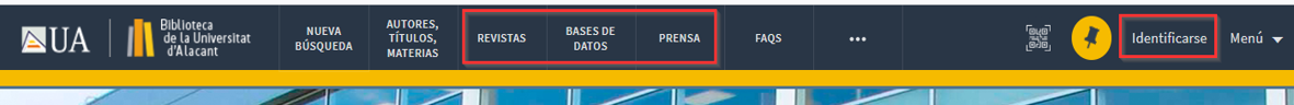 Captura del menú superior del catálogo, donde aparecen el buscador de revistas, el buscador de prensa y la opción para identificarse.