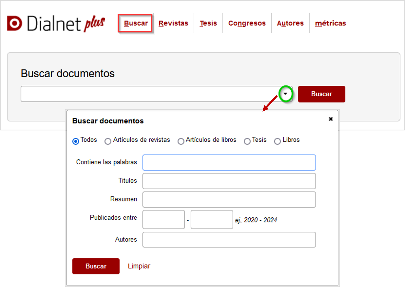 Imagen del formulario de búsqueda avanzada de Dialnet plus, para buscar cualquier tipo de documento. Permite combinar los términos de búsqueda (en los campos Contiene las palabras, Títulos o Resumen), con la fecha de publicación y los autores.