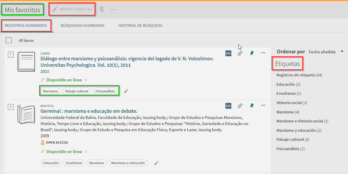 Imagen de las opciones que recoge la tarjeta de la biblioteca para los registros guardados en Mis favoritos, como por ejemplo, el etiquetado.
