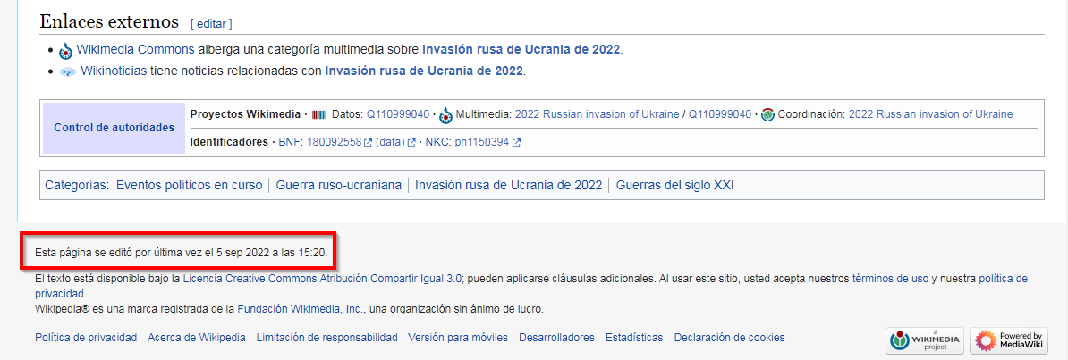 Pie de página del artículo de Wikipedia dedicado a la guerra ruso-ucraniana, en la que aparece la fecha y la hora de la última edición.