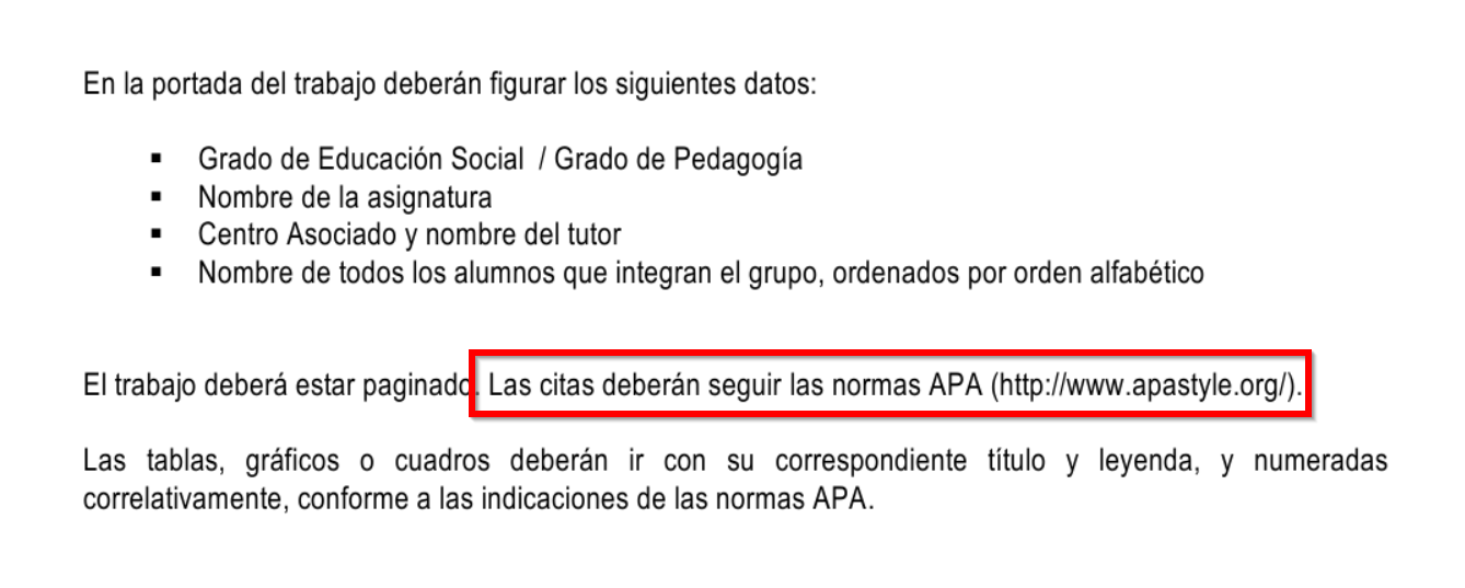 Fragmento del enunciado de un trabajo en el que se dice que las citas deberán seguir las normas APA.