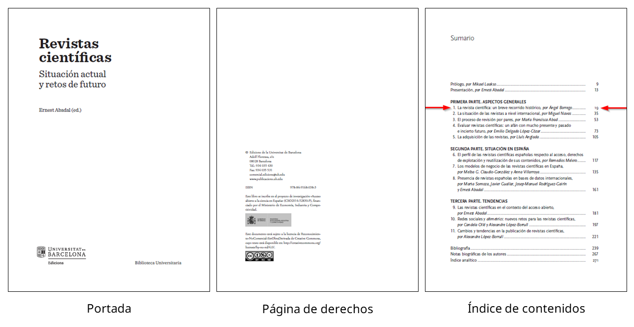 Portada, página de derechos e índice de contenidos del libro 'Revistas científicas'.