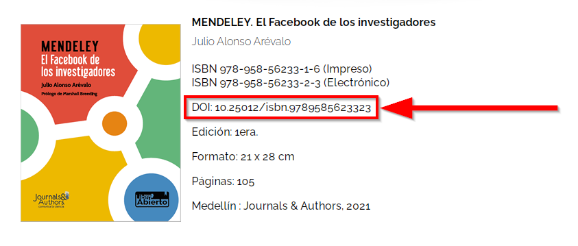 Ficha del libro 'Mendeley: el Facebook de los investigadores', destacando los números ISBN correspondientes a las versiones impresa y electrónica y el identificador DOI.
