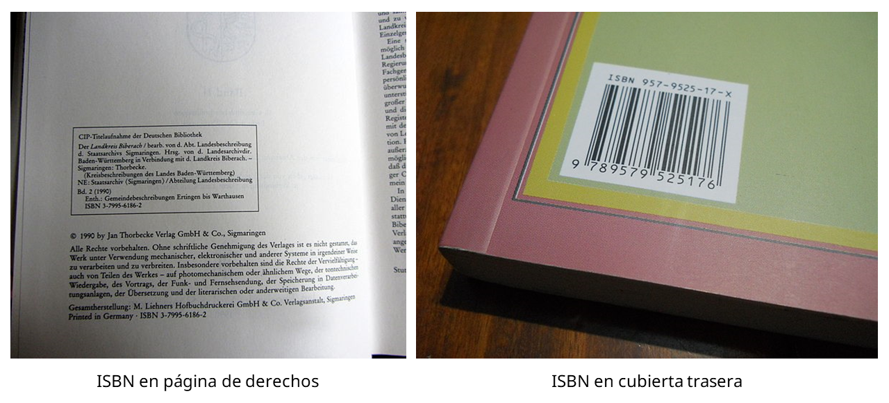 Ejemplos de números ISBN en la página de derechos y en la cubierta trasera de libros.