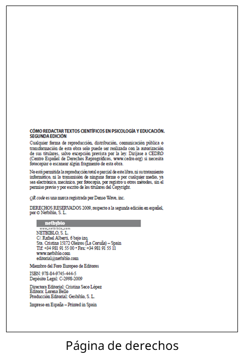 Página de derechos del libro 'Cómo redactar textos científicos en Psicología y Educación' (2ª edición).