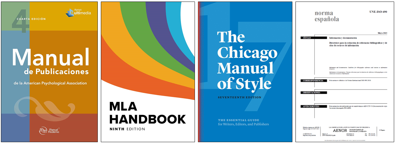 Cubiertas de los manuales oficiales de los estilos APA (4ª edición), MLA (9ª edición), Chicago (17ª edición) y de la norma española UNE-ISO 690:2013.