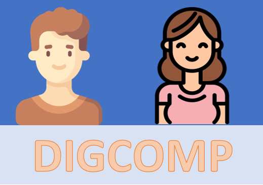 Imagen decorativa con iconos gratuitos de hombre y mujer, que incluye texto DIGCOMP