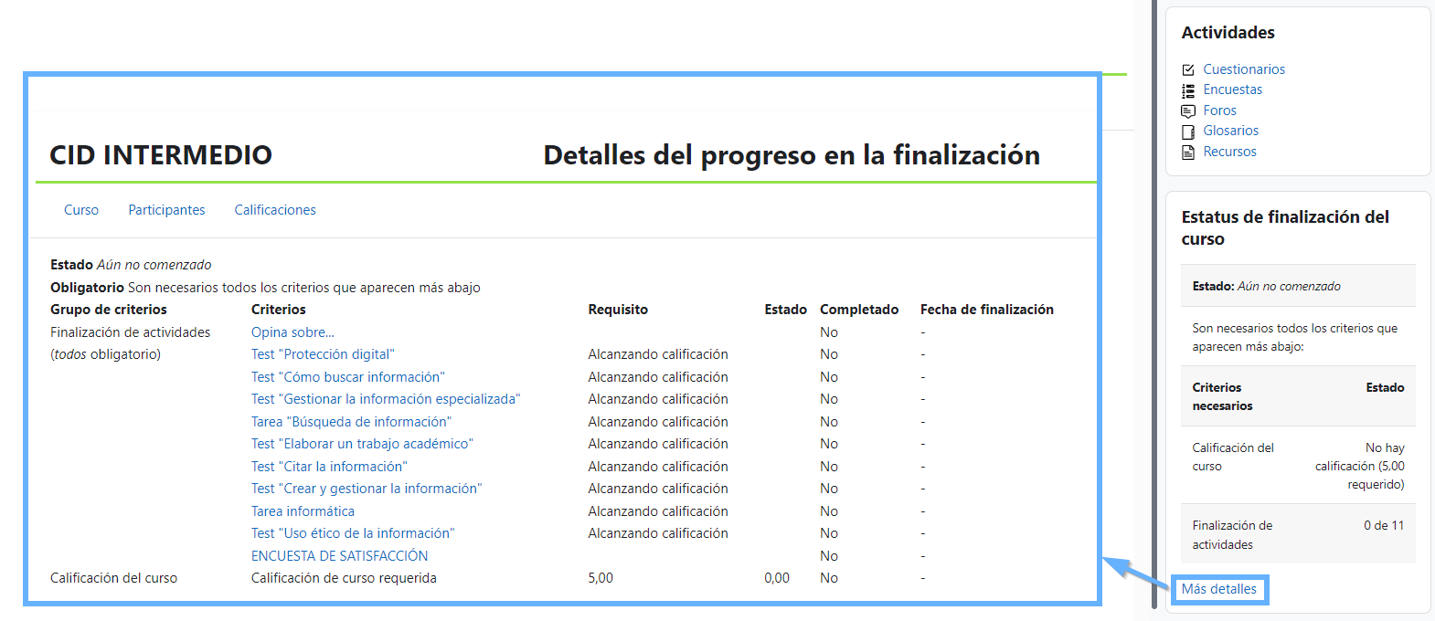 Imagen del listado de cuestionarios a través del bloque de actividades
