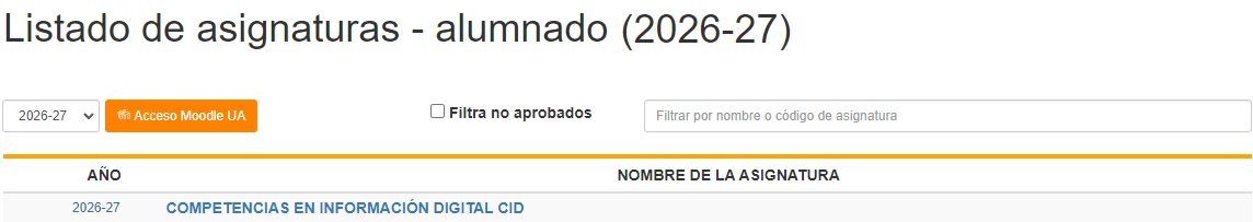 Imagen del listado de asignaturas en Moodle