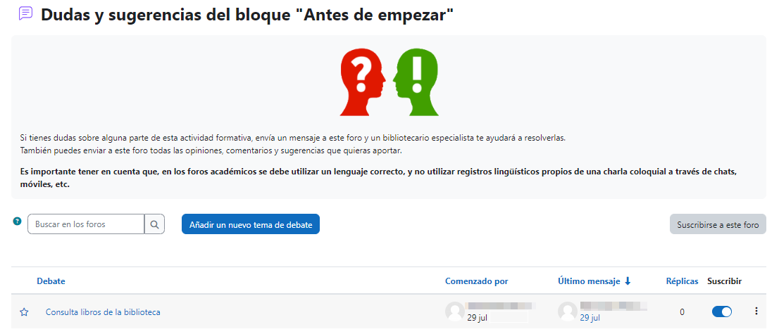 Captura de pantalla del foro de dudas y sugerencias