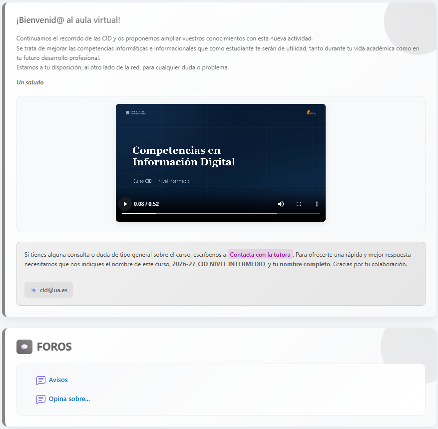 Imagen presentación, bienvenida del curso y foros en Moodle