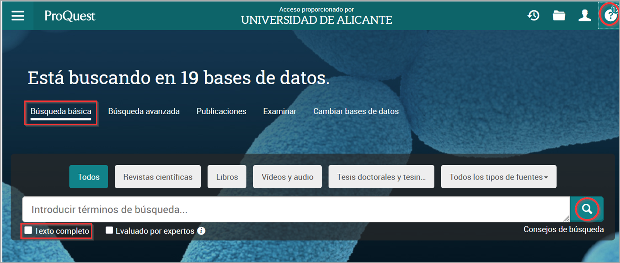 Captura de la búsqueda básica de la plataforma de bases de datos Proquest, donde la búsqueda se efectúa en cualquier campo del registro, incluido el texto completo