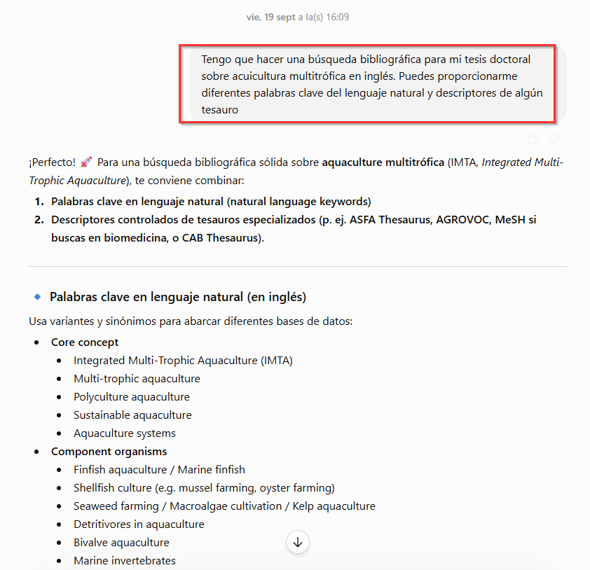 Imagen que recoge una consulta a ChatGpt sobre acuicultura multitrófica en inglés, solicitando palabras clave y descriptores