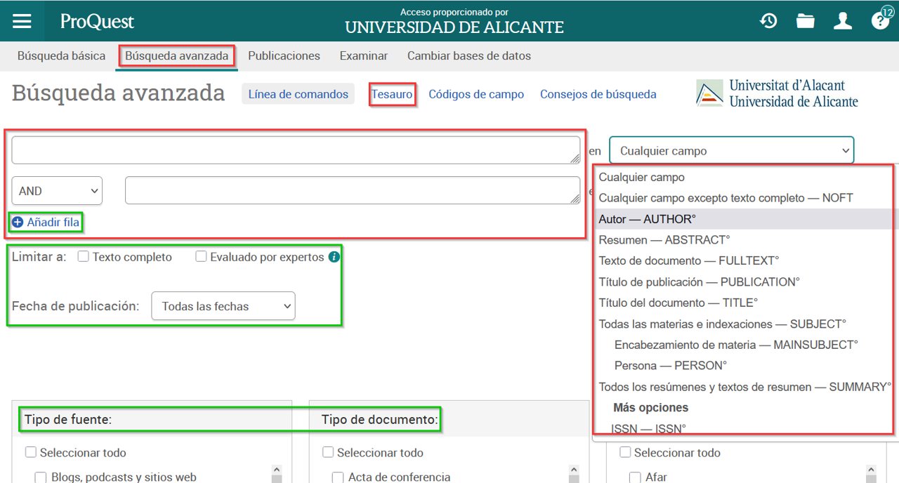 Captura de pantalla de la búsqueda avanzada en la plataforma de base de datos ProQuest, mostrando la posibilidad de combinar diferentes campos con operadores booleanos, de utilizar límites y de seleccionar el tipo de fuente.