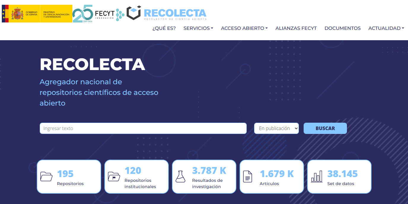 Captura de pantalla de la página de inicio de RECOLECTA