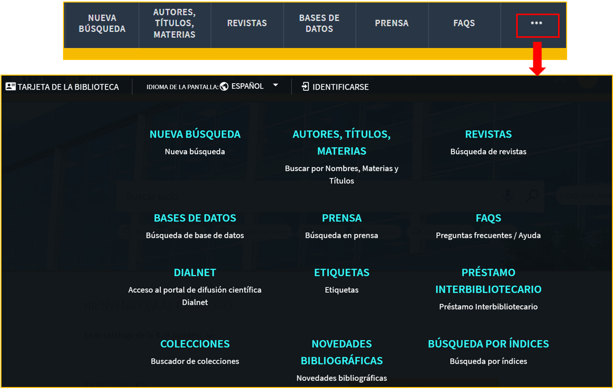 Captura de pantalla del menú superior del catálogo, mostrando el acceso a todas las opciones que ofrece, tanto a primer nivel como a segundo nivel (pinchando en los 3 puntitos)