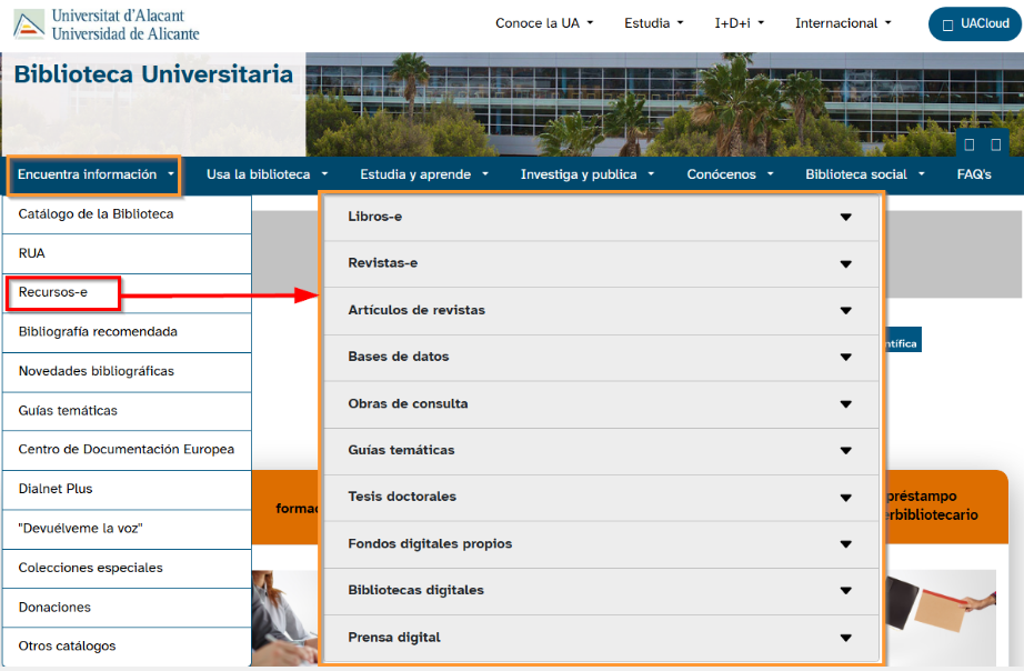 Captura de pantalla de la web de la BUA mostrando la localización de los recursos electrónicos, dentro del apartado 'Encuentra información' del menú superior.