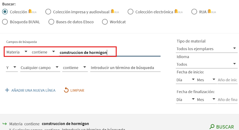 Captura de pantalla del catálogo mostrando cómo buscar la materia 'Construcción de hormigón' utilizando el formulario de búsqueda avanzada.