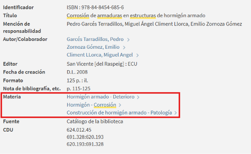 Captura de pantalla del catálogo en la que se muestra que el libro 'Corrosión de armaduras en estructuras de hormigón' tiene asignadas tres materias.