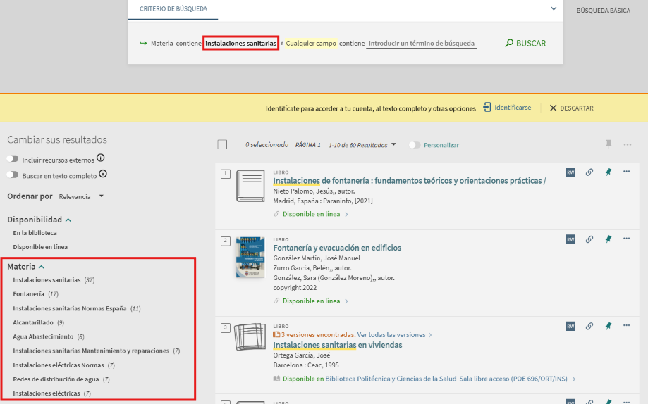Captura de pantalla del catálogo, mostrando la lista de resultados tras buscar la materia 'Instalaciones sanitarias', señalando la ubicación del filtro 'Materia'.