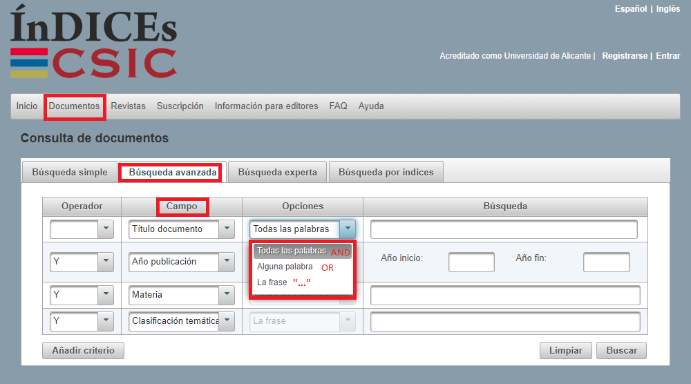 Captura de pantalla mostrando las opciones de la búsqueda avanzada de documentos de ÍnDICEs CSIC: selección de campos, operadores para combinar los términos en un campo, etc.