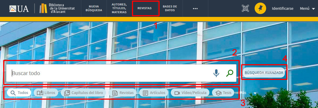 Captura de pantalla del catálogo mostrando la ubicación de las 3 opciones de búsqueda de libros y revistas electrónicos: Búsqueda básica, Búsqueda avanzada, Buscador de revistas y Filtrado por tipo de recurso.
