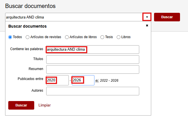 Captura de pantalla mostrando cómo acceder al formulario de búsqueda avanzada de Dialnet Plus y sus opciones: tipos de documentos, campos de búsqueda (Título, Resumen, Autor) y rango de fechas.