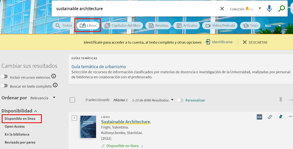 Captura de pantalla mostrando la aplicación de los filtros 'Disponible en línea' y 'Libros' en la lista de resultados.