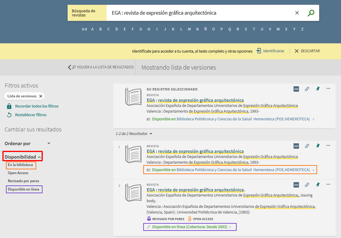 Captura de pantalla mostrando cómo utilizar el buscador de revistas para encontrar la revista "EGA: revista de expresión gráfica arquitectónica".