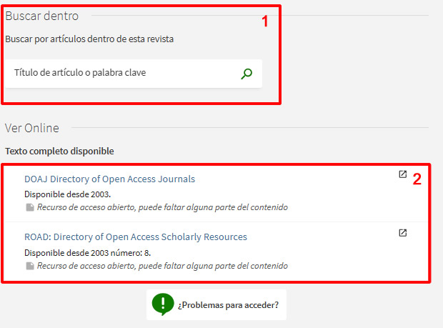 Captura de pantalla de una revista-e, mostrando las opciones para acceder al texto completo y para buscar artículos dentro de la revista.