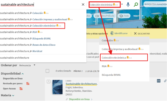 Captura de pantalla mostrando cómo buscar un libro electrónico utilizando la búsqueda básica del catálogo, seleccionando la opción Colección electrónica.