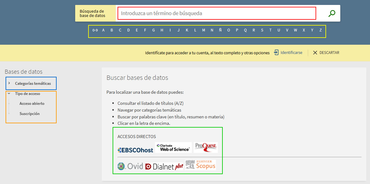 Captura de pantalla del buscador de bases de datos de la BUA, destacando la búsqueda por palabra clave, la navegación por título y por materia, los tipos de acceso y los accesos directos a las plataformas y las bases de datos Dialnet y Scopus.