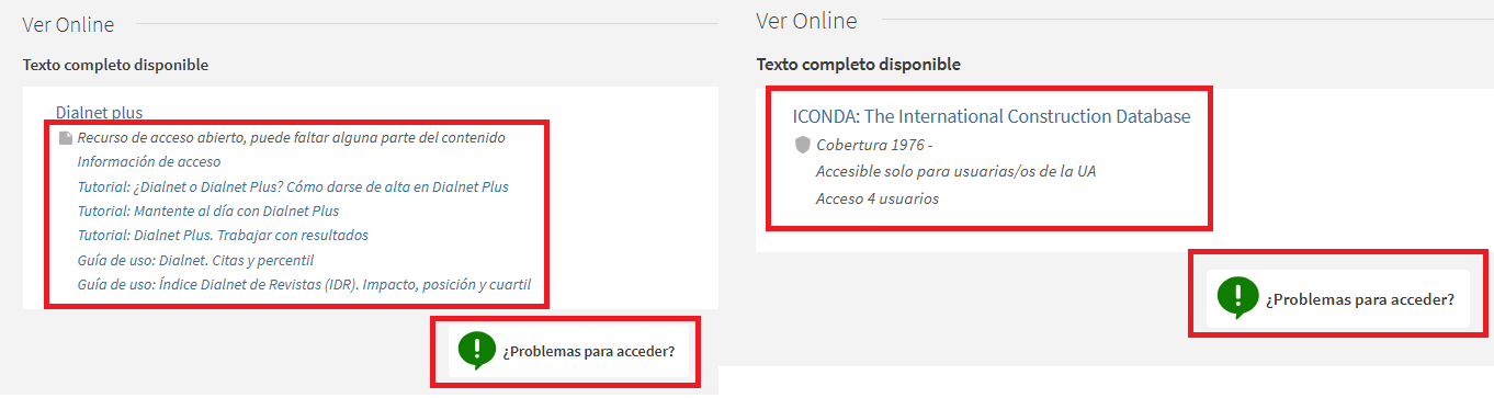 Imagen que muestra un ejemplo de las condiciones de consulta, instrucciones de acceso y tutoriales de algunas bases de datos así como el acceso al formulario de ayuda sobre el catálogo en caso de problemas de acceso.
