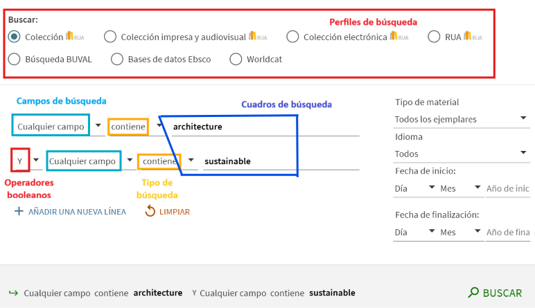 Captura de pantalla mostrando cómo utilizar el formulario de búsqueda avanzada del catálogo.