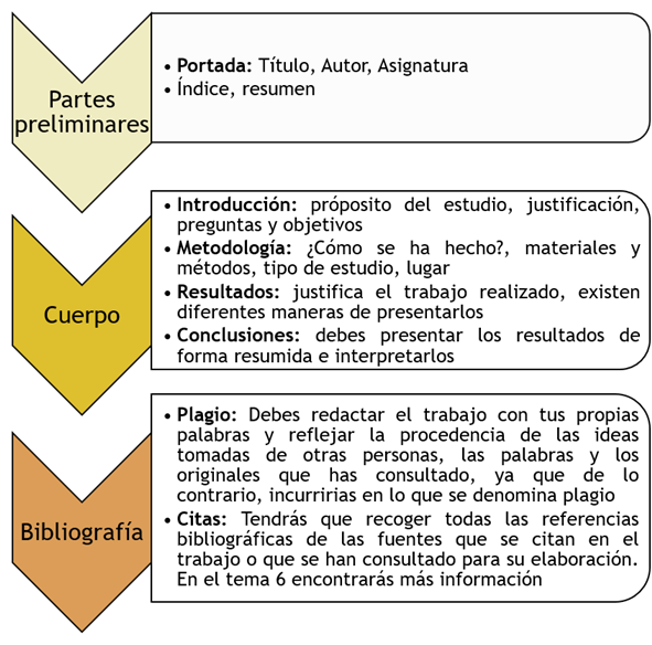 Imagen que muestra el contenido que debe incluirse en cada una de las tres partes del trabajo académico