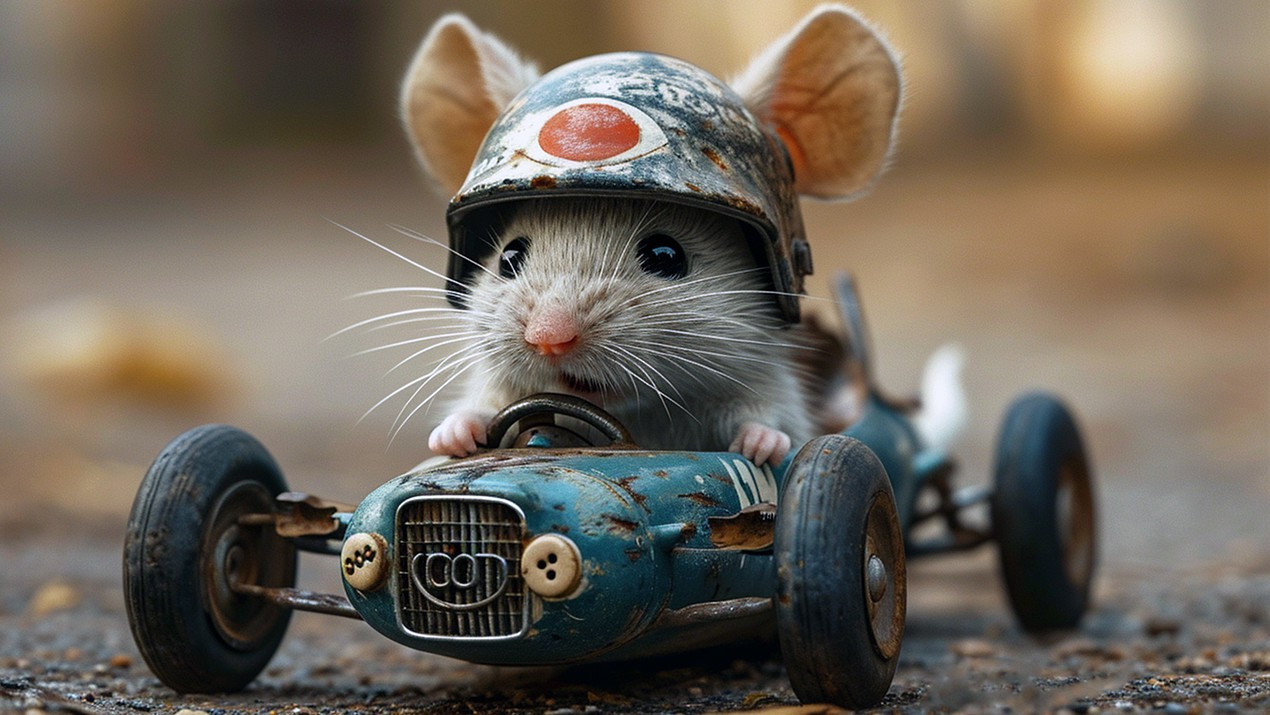 ratita en un coche de carreras