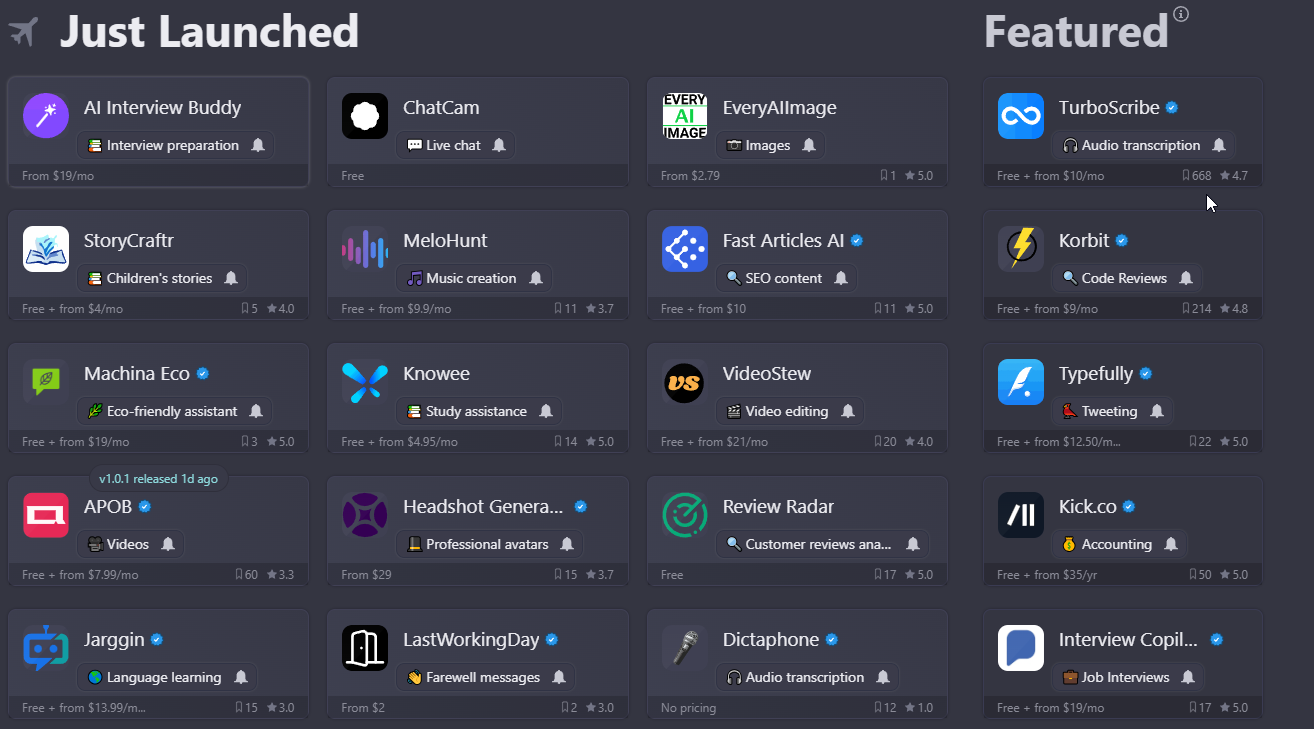 Captura de pantalla del agregador de inteligencia artificial Theresanaiforthat